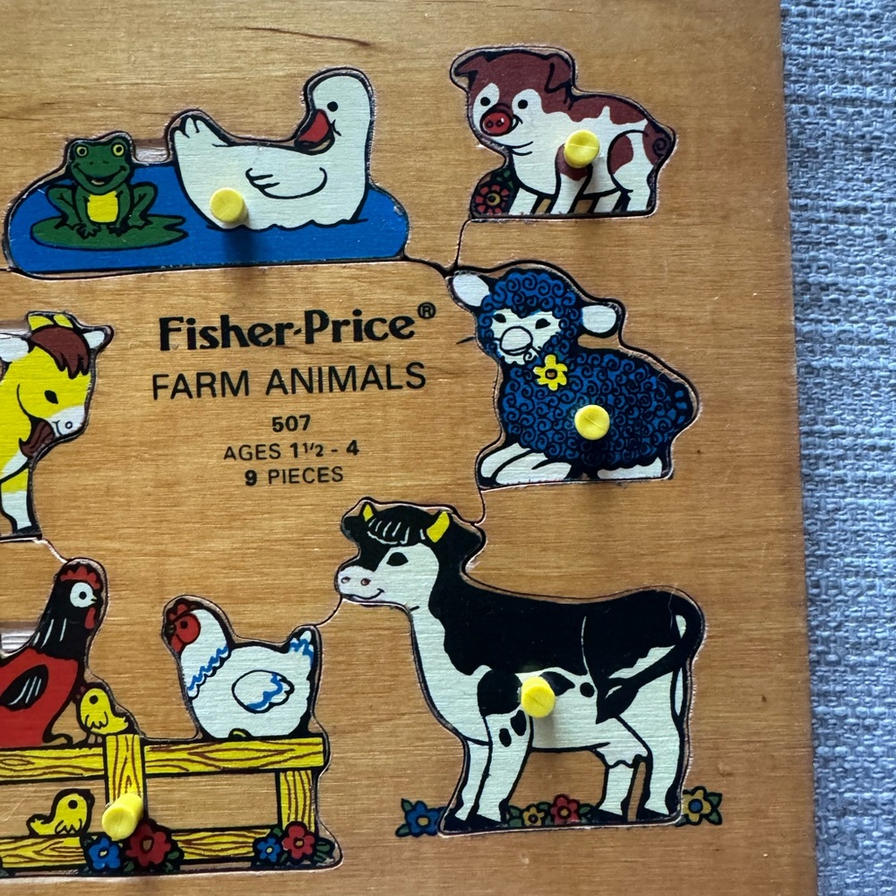 VINTAGE 1971 FISHER PRICE WOODEN PUZZLE #507 FARM ANIMALS - Picture 5 of 9
